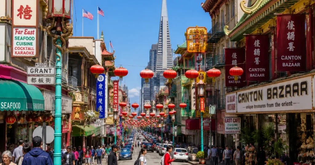 Chinatown bustle with red lanterns