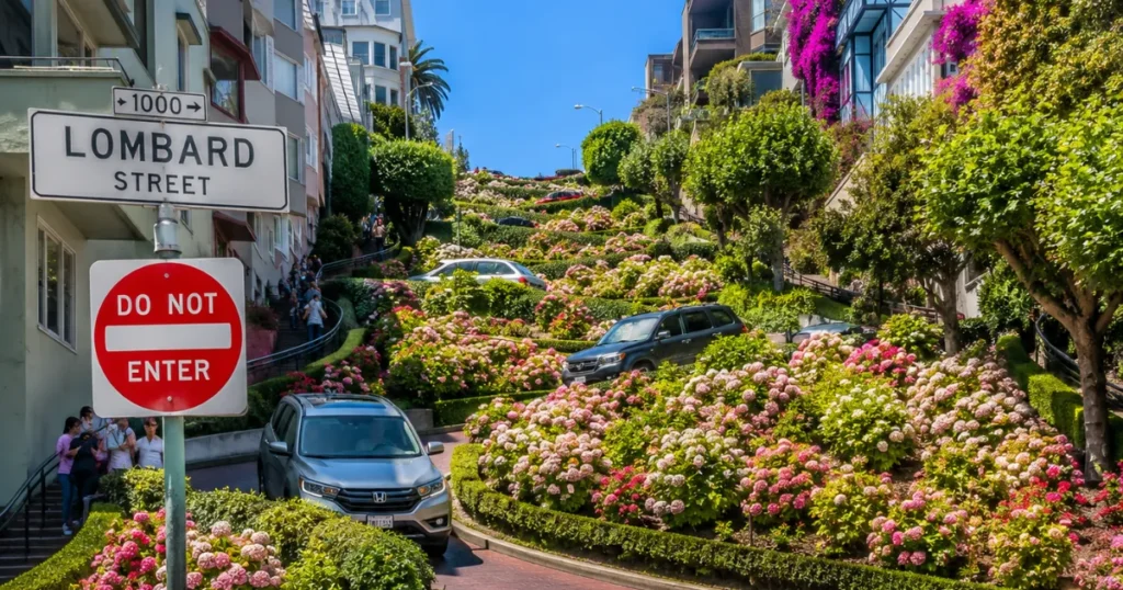 Lombard Streets vibrant zigzag path
